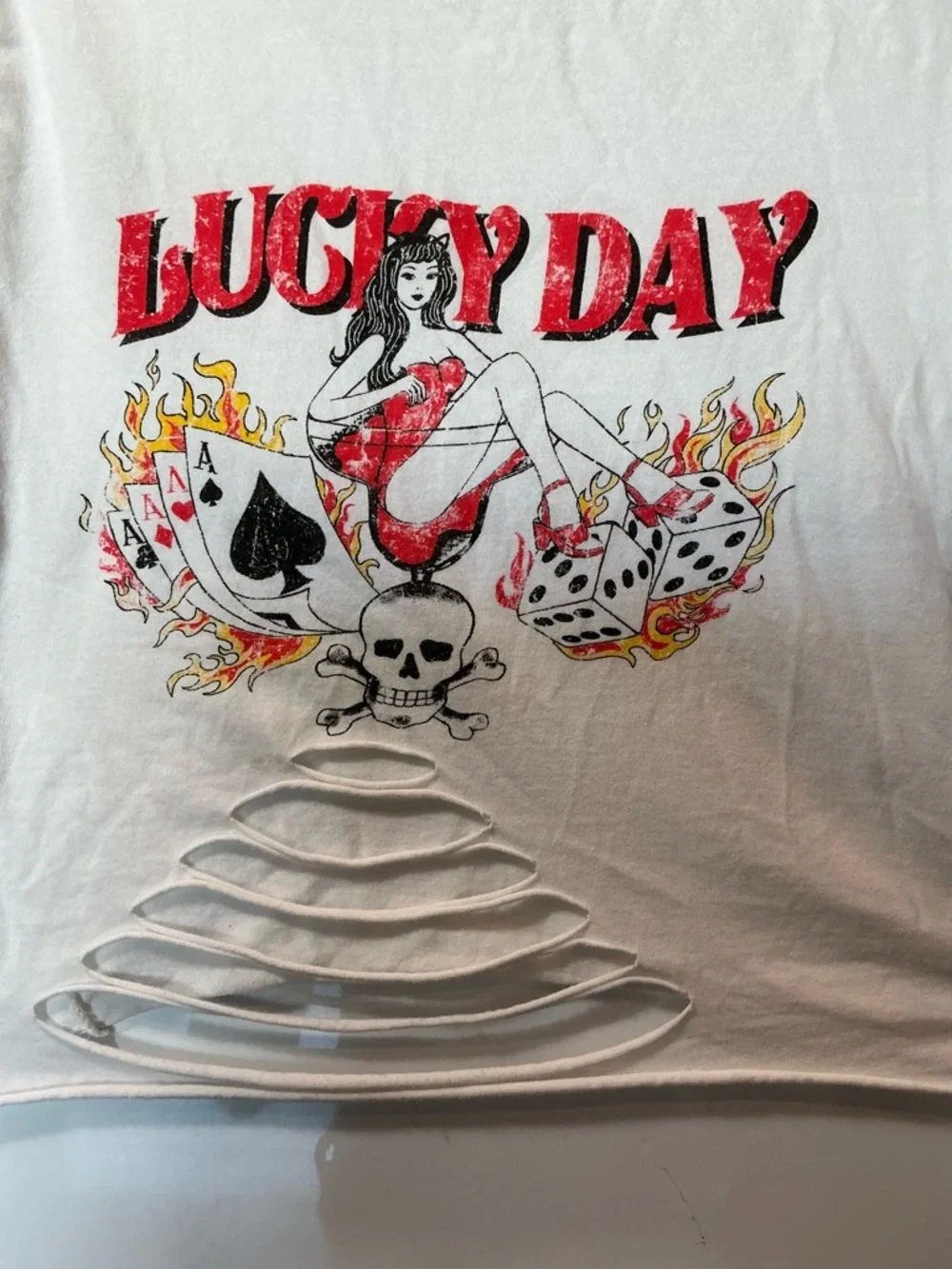 Lucky Day Graphic Cropped T-Shirt Distressed Cutout Hem Edgy Y2K Style Tee - Picture 2 of 2